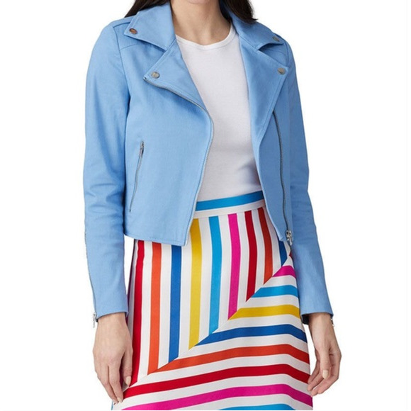 COLOR ME COURTNEY Dennis Biker Jacket 10 Blue Moto Bomber Zip Coat Blazer crop - Picture 3 of 8
